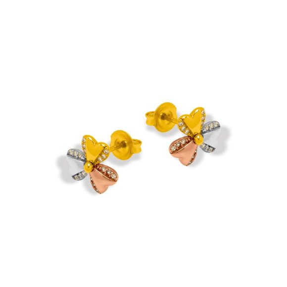 14K REAL GOLD Fancy Flower CZ Stud Earrings - Picture 3 of 4